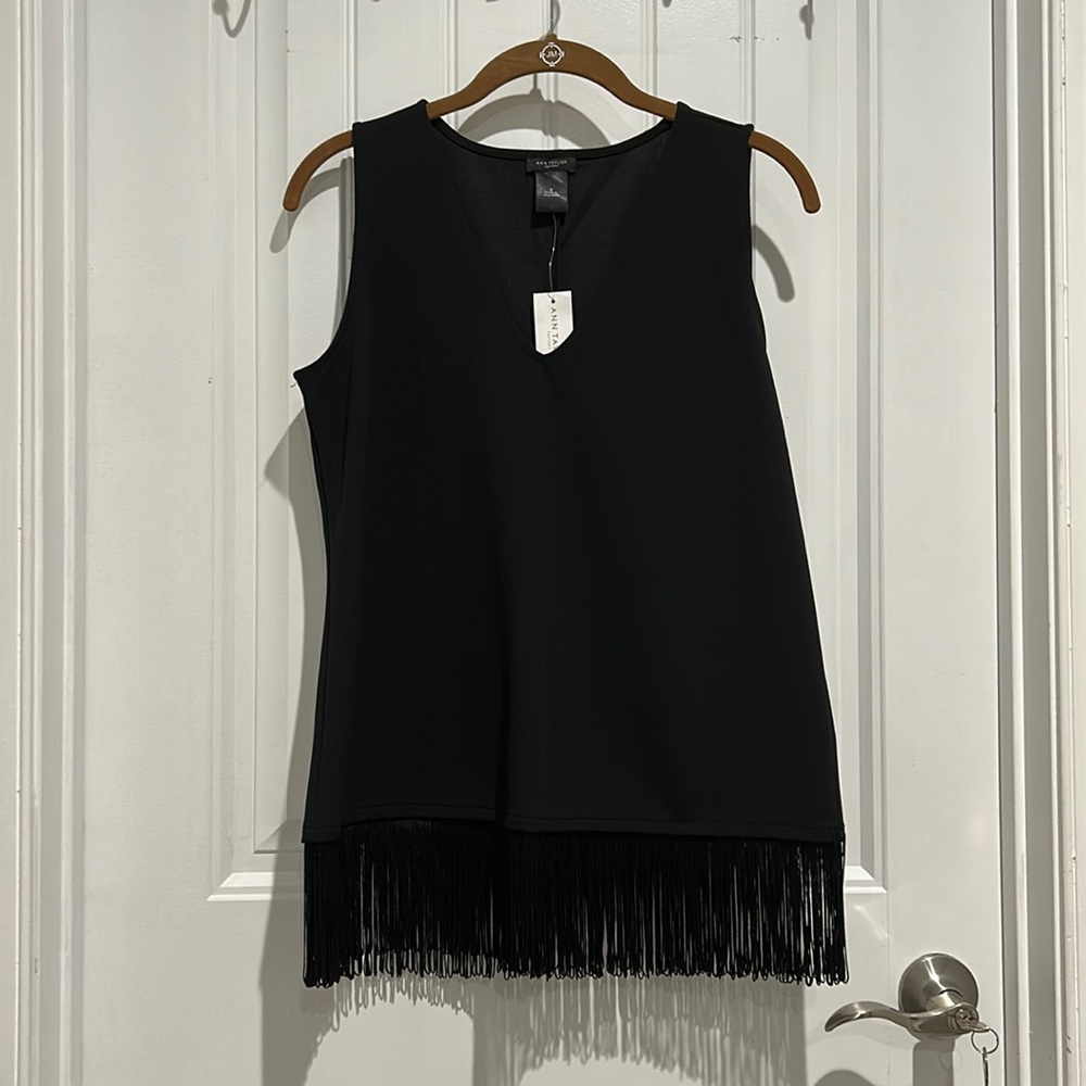 NWT ANN TAYLOR FACTORY Black V-neck Fringe Top